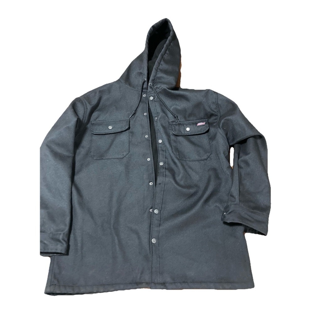Dickies Men's Black Jacket Hooded Button Logo Accent Lined Mid-Length Size 2XL